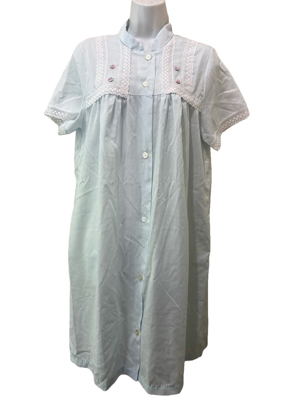 Vintage Light Blue Button Front Lace Embroidered Floral House Dress Robe